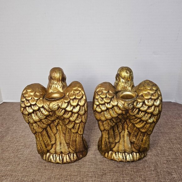 Vintage Ceramic Gold Praying Angels With Open Wings Candle Holders Set of 2 - Picture 2 of 8